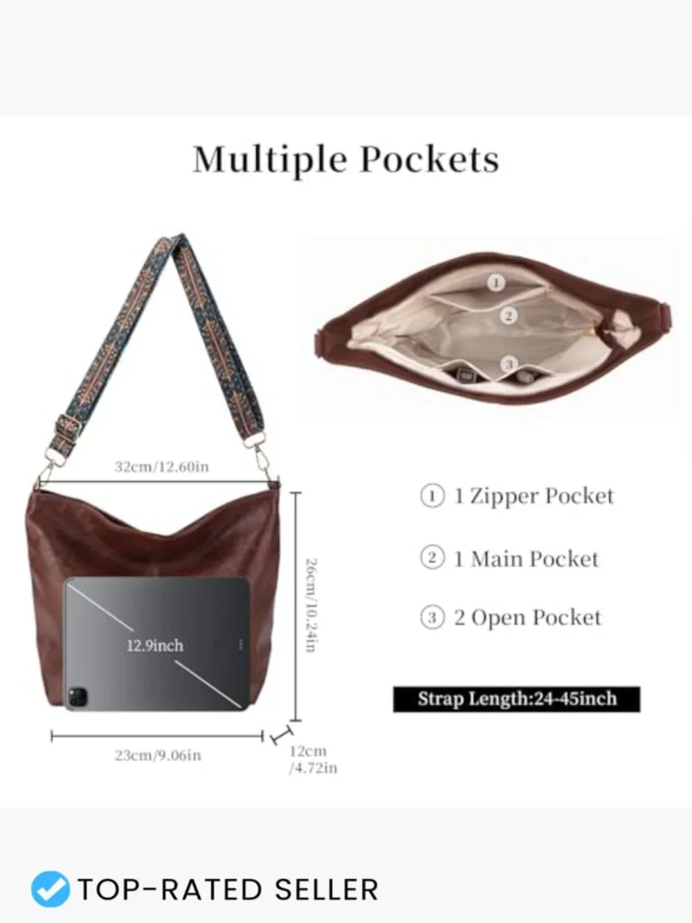 Crossbody Bag Hobo Shoulder Purse Vegan Leather Large Capacity Tote Guitar Strap